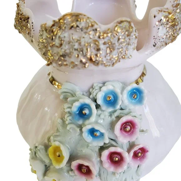 Vintage Lefton L'amour Applied Flowers Pink Vase Porcelain Gold Stippled Edges - Picture 2 of 8